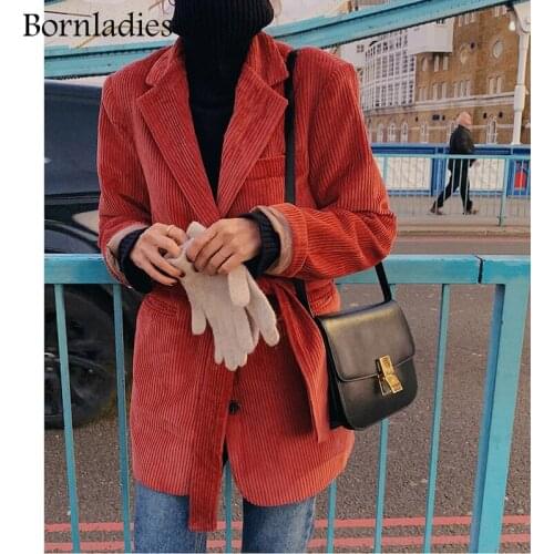 Bornladies Women Winter Thicken Corduroy Cotton Jacket Quilted Blazer with Belt Loose Female Autumn Vintage Warm Coat Femininas