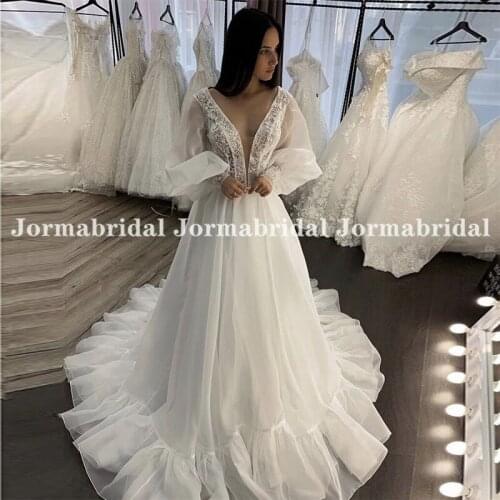 Puff Long Sleeves Wedding Dress Deep V-Neck Appliqued White Organza Splicing Bridal Dress Women Party Gowns Vestidos De Novia