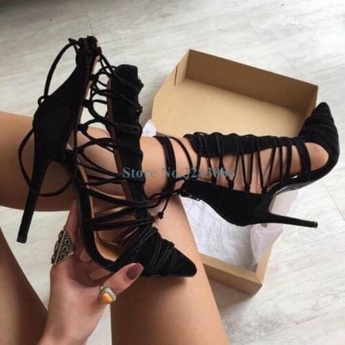Black Suede Pointed Toe Braided Strap Thin High Heel Women Shoes Sexy Hollow Out Lace Up Strappy Sandals Dress Stiletto Heel