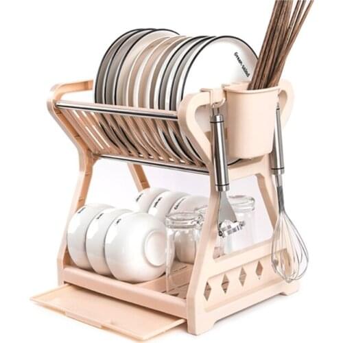 M68E Double-layer Kitchen Dish Bowl Draining Storage Rack Basket with Chopstick Cage