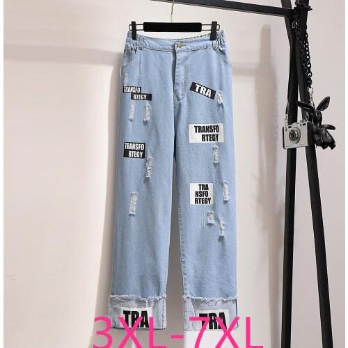 New spring autumn plus size jeans for women large loose casual elastic waist hole cotton blue denim pants 3XL 4XL 5XL 6XL 7XL