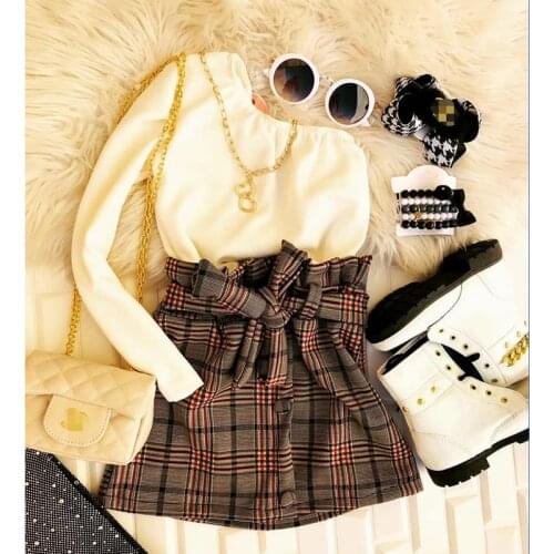 FOCUSNORM 2 Colors Fashion Toddler Girls Autumn Clothes Sets 2-7Y Long Sleeve One Shoulder Solid T Shirts Plaid Printed Skirts
