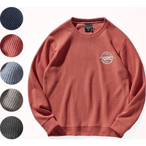 2021 American Retro Terry Printed Hoodies Mens Pure Cotton Washed Old Round Neck Pullover Knitted Long-sleeved Casual Sportwear