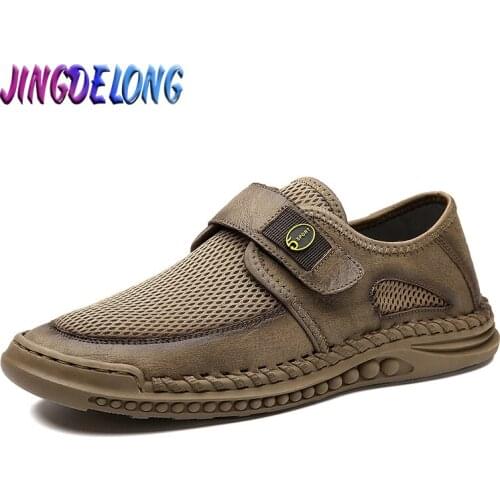Summer Mens Casual Shoes Real Leather Mesh Breathable Mens Moccasins Denim Loafers Mens Sneakers Soft Platform Shoes Hot sale