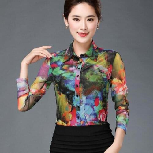 Summer Spring Fashion Office Lady Women Printed Floral Slim Full Sleeve Stretch Mesh Blouse , Fall Female Women 3XL 4XL Blouses