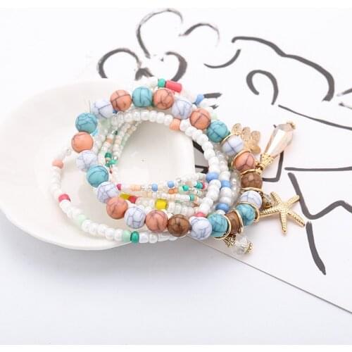 Boho Multilayer Beads Wrap Friendship Bracelet For Women Jewelry Starfish Pendant Crack Bead Bracelet Set Wristband Jewelry Gift