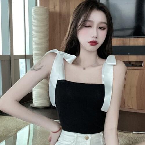 Fashion Elastic Shoulder Tie Bow Women Slim Short Sling Vest Patchwork Color Ladies Sleeve Summer Tops