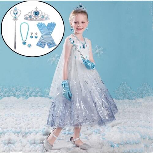 Glitter Frozen Blue Elsa Girls Cosplay Set Snow Queen Elza Sequins Princess Kids Crowns Magic Wands 8pcs-set