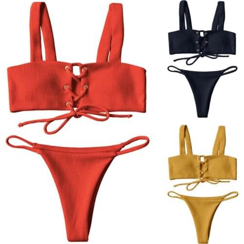 2018 New Women Bandage sexy Bikini Set Swimwear Swimsuit Bathing solid low waist adjustable hollow beachwear swimming clothing