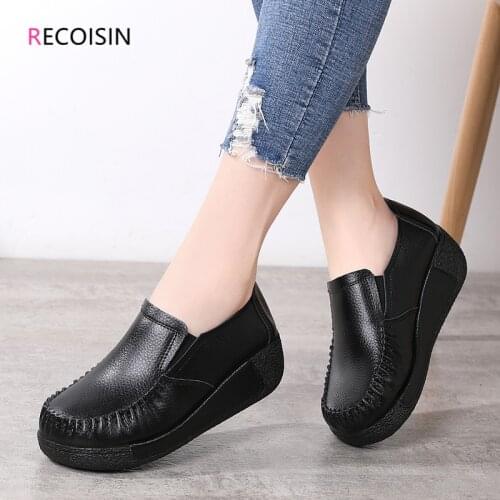 RECOISIN Spring Women Flat Platform Loafers Shoes Ladies Genuine Leather Casual Shoes For Women Slip on Flats Moccasins creepers