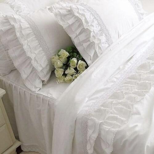 Luxury Stain bedding set white Europe elegant embroidery lace duvet cover pillowcase ruffle craft cake layers bedspread HM16B