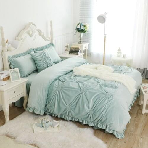 Hand work pleated luxury bedding set thick fleece winter bed cover set full queen king size bed skirt duvet cover set pillowcase