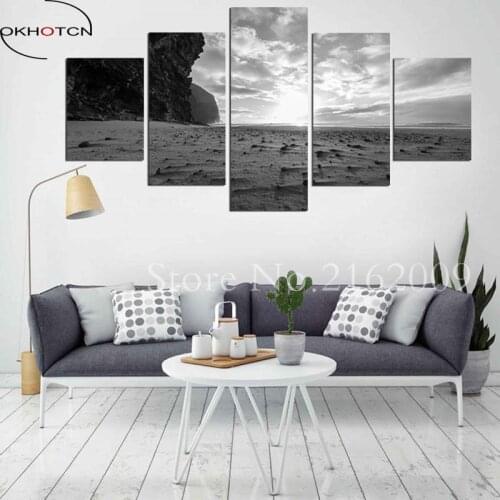 OKHOTCN 5 Pieces Modern Home Decor Black & White Beach Wave Wall Canvas Art Sunset Seascape Painting For Home Room Panel Framed