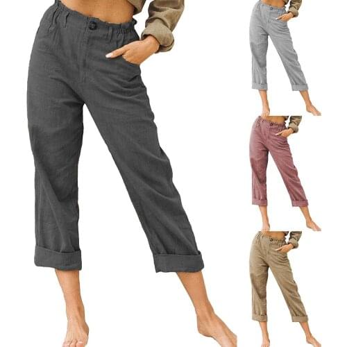 Women Casual High Waist Pockets Cotton Linen Long Straight Pants Loose Trousers