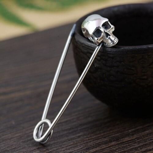 Thai Silver Skull Brooch Handmand Silver Brooches Large Hijab Pin Punk Collar Pins Luxury Jewelry Broche SBH0008