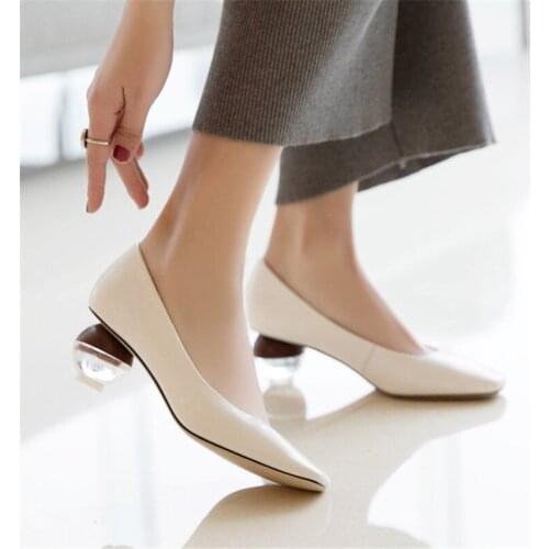 Strange Heel Women High Heels Genuine Leather Shoes Transparent Heel Elegant Shoes For Women Slip On Ladies Shoes High Quality