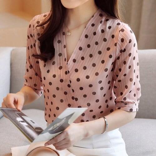 Women Spring Summer Style Chiffon Blouses Shirts Lady Casual Short Sleeve V-Neck Polka Dot Printed Blusas Tops ZZ0713