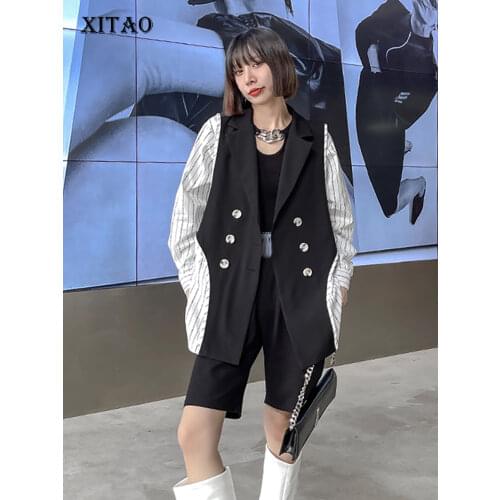 XITAO False Two Pieces Women Blazer Vest Stripe Splicing Top Autumn New Fashion Casual Loose Street Trendy All-match WMD3066