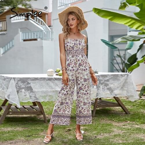 Simplee Holiday floral straps summer jumpsuit women Elastic pocket one piece jumpsuit female Straps straight womens jumpsuits