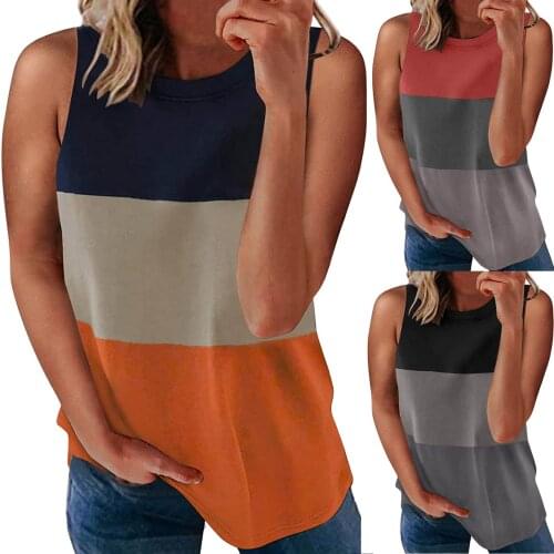 2021 Summer Beach Tops Tank For Women Casual Womens Casual Color Splicing Sleeveless Round Neck Pullover Slim Tank Tops