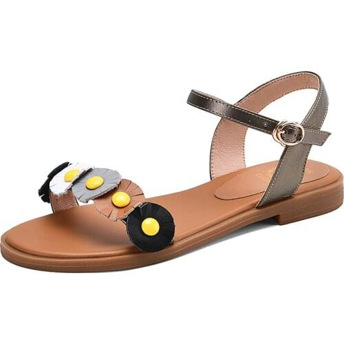 Genuine leather shoes woman buckle wedges sandals casual low heels shoes summer sandals women comfortable ladies shoes