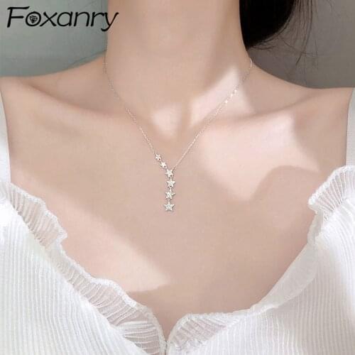 Foxanry 925 Sterling Silver Charm Chain Necklace for Women New Fashion Shiny Star Pendant Clavicle Chain Bride Jewelry Gift