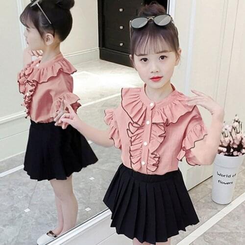 White/Yellow/Pink Color Summer Girls Kids Clothes Short Sleeve Single Breasted T-Shirt+Dress 2Pcs Outfits Children Clothes Set