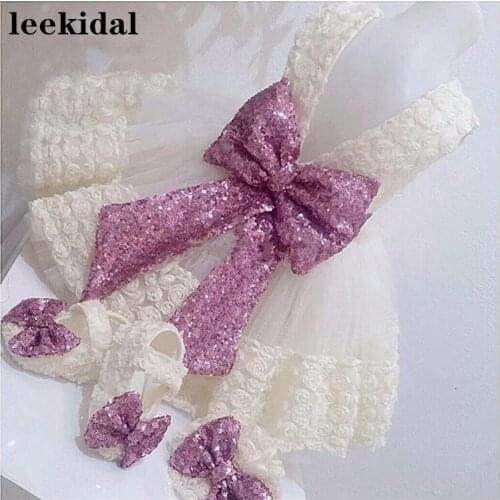 Cute White/ivory lace 3D flowers Infant baby girls 1 year birthday gown flower girl dresses clothes with sequined bow