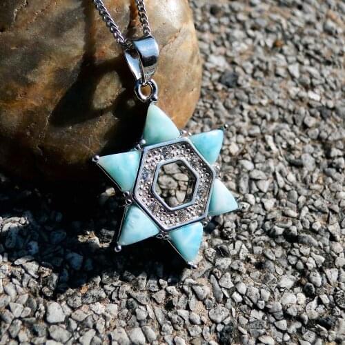 DJ CH Natural Stone Larimar Hexagram Pendants Female 925 Sterling Silver Magen David Star Charms Pendants Birthday Gift For Her