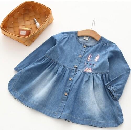 Baby Girls Cartoon rabbit-embroidery Denim Dress Child Cotton Dresses Girls Long-sleeve Dresses Kids Dress-style blouses
