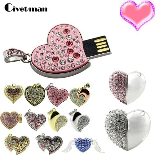 Lovely Crystal Heart Pendant USB Flash Drives 256GB Thumb Pendrive 128GB Flash Disk 8GB 16GB 32GB 64GB USB2.0 Flash Memory Stick