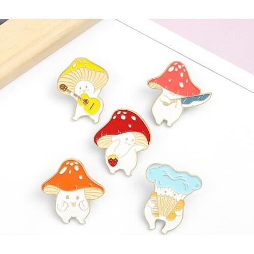 Mushroom Enamel Pin Funny Guitar Accordion Cartoon Brooches Bag Lapel Pin Cute Custom Badge Plant Jewelry Gift for Kids Friends