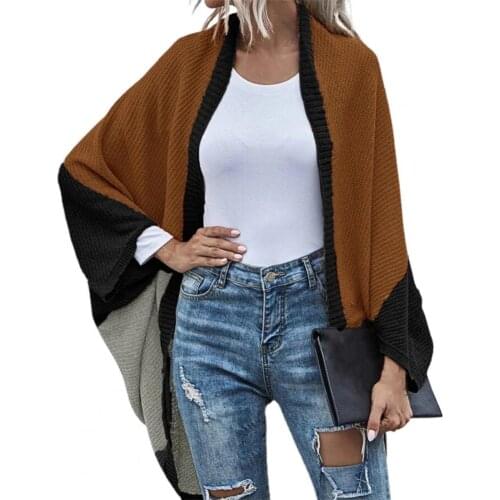 Women Cardigan Long Sleeve Fashion Jumpers Batwing Sleeve Color Block Shawl Ladies Casual Cardigan Coat Autumn Loose Streetwear