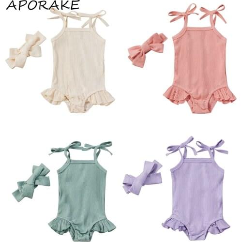 2020 0-18M Infant Baby Girl Sweet Romper Self Tie Strap Ruffle Ruffle Playsuit with Headband Set 2pcs Summer Solid Color Outfits