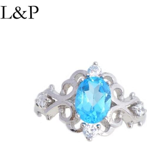 L&P Sea Blue Topaz Ring For Lady Authentic 925 Sterling Silver Adjustable Ring Inlay AAA Zircon Fine Jewelry Wedding Gift
