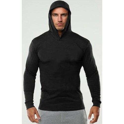 Brand Gym Clothing Solid Color Long Sleeve Slim Hooded T Shirt Men Cotton Tee Shirt Bodybuilding and Fitness Sportwear TShirt