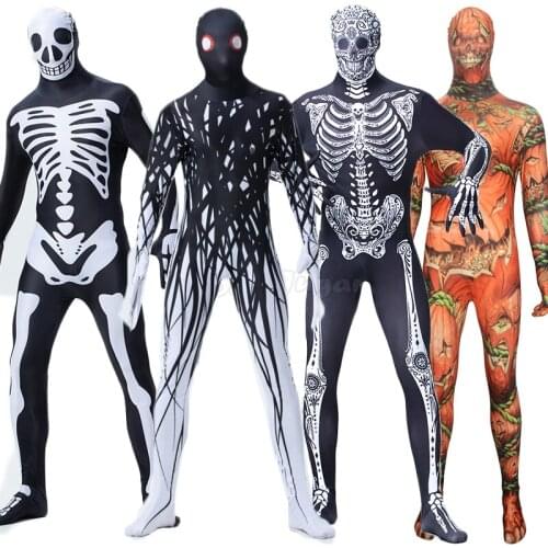 Adult Men Halloween Ghost Festival Print Skull Bodysuit Cosplay Costume Horrible Zombies Zentai Full Body Cover Tights C36M280