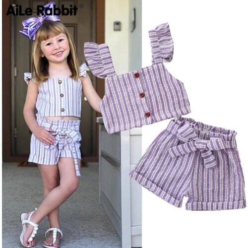 2019 New Arrival Girls Fashion Suit Vest Shorts 2 Piece Set Childrens Wear Set For Girls Striped Europe INS Style