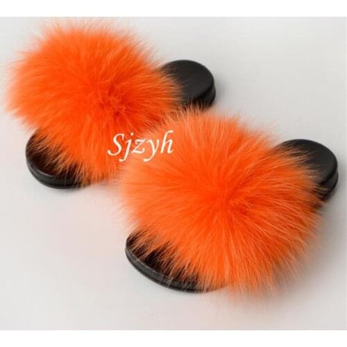 Wholesale Girls Fluffy Slippers Cute Baby Plush Home Shoes Childrens Fox Fur Slides Kids Raccoon Fur Flip Flops Furry Sandals