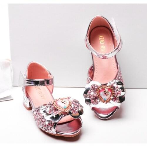 Original Frozen 2 Elsa Princess Cosplay Shoes Fish Mouth Hollow High Heel Cute Girls Summer Sandals Sparkling Diamond