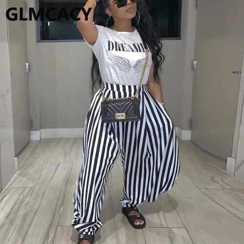 Two Piece Casual Suits Short Sleeve T Shirt & Striped Loose Pants Set