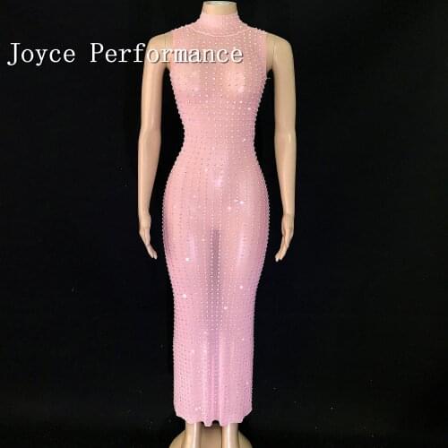Full AB Stones Sleeveless Pink Mesh Dress Birthday Celebrate canonicals Female Singer Club Performance Sparkly Dress