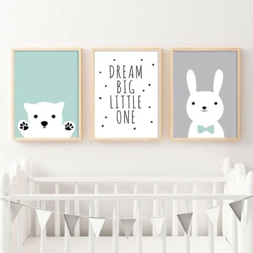 Dream Big Little One Nordic Modern Decorative Canvas Painting Childrens Room Cartoon Animal Cute Pet Rabbit Bear Home Decor