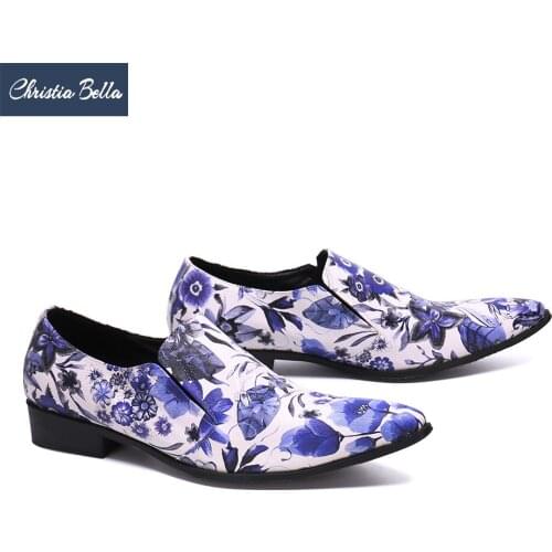Christia Bella New Fashion Print Genuine Leather Men Business Shoes Plus Size Slip On Pointed Toe Formal Dress Men Party Shoes