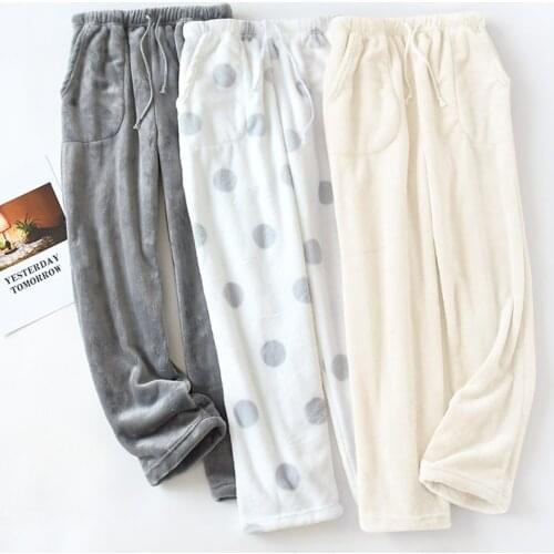 Women Autumn Winter Warm Wide-Mouth Trousers Adult Casual Solid Color/Side Pockets Loose Large Size Coral Fleece Home Pajamas