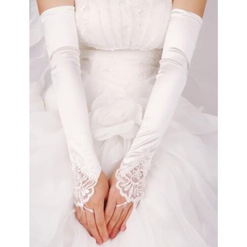 Womens Bridal Long Gloves Fingerless Embroidery Lace Trim Beaded Sequins Wedding