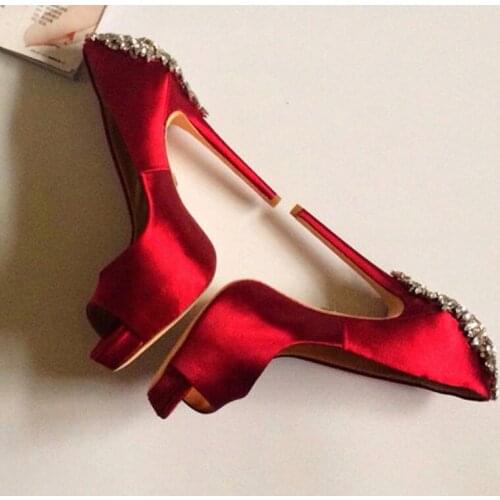 Ladies Bling Bing back Rhinestone Silk Wedding Pumps Thin Stiletto Heels Peep Toe Female Slip On High Heeled Bridal Shoes