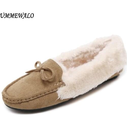 UMMEWALO Women Flat Shoes Winter Warm Loafer Shoes Woman Flock Short Plush Cotton Bow Shoes Mother Loafers Driving Footwear B912