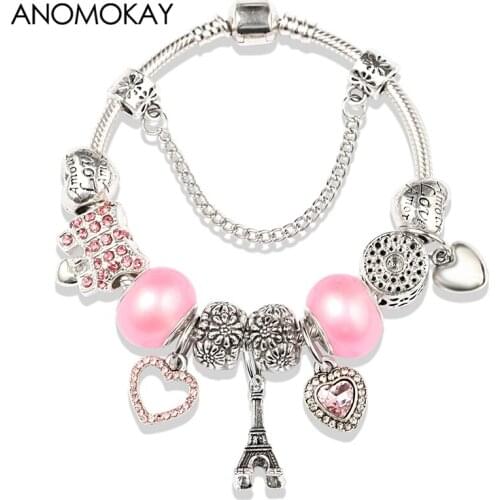 2019 New Arrival Cute Pink Crystal Heart Charm Bracelet Antique Silver Plated Love Eiffel Tower Fashion Bead Bracelet for Women