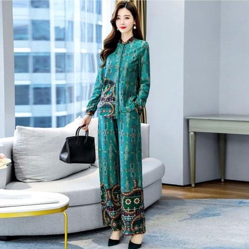 2pcs Tweed Women Elegant Dress Suit Set Lady Office Wear Print Floral Jacket Coat + Wide Leg Pants